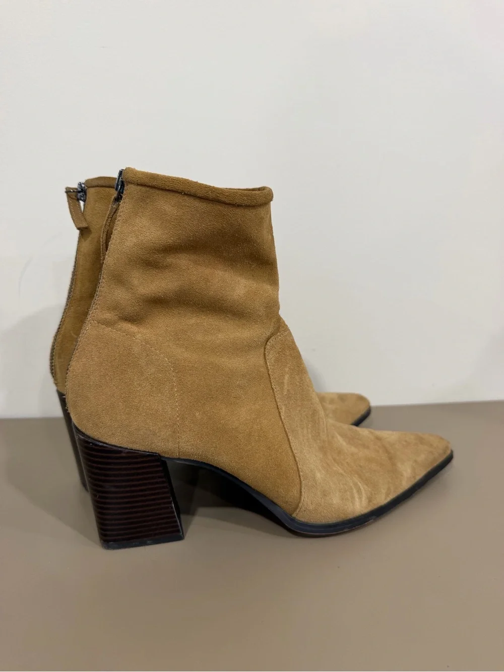 Zara Genuine Suede Pointed-Toe Ankle Boots - Tan